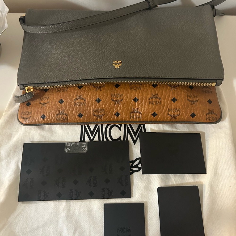 SOLD-MCM Grey Pebbled Leather Crossbody with Cognac Visetos Flap